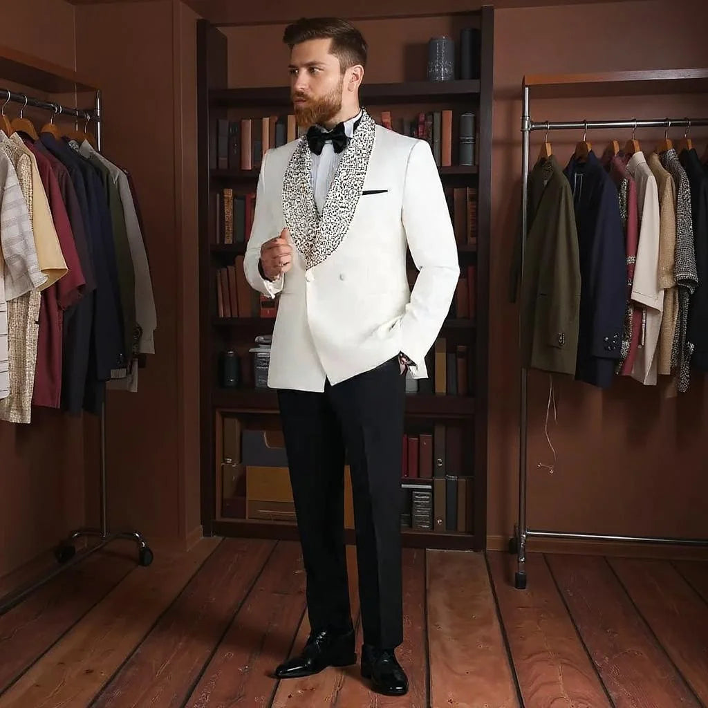 Beaded Floral Men Suits Double Breasted Business Formal Wedding Tuxedos Grooms Party Prom Male Suit Set 2 Pieces Blazer Pants