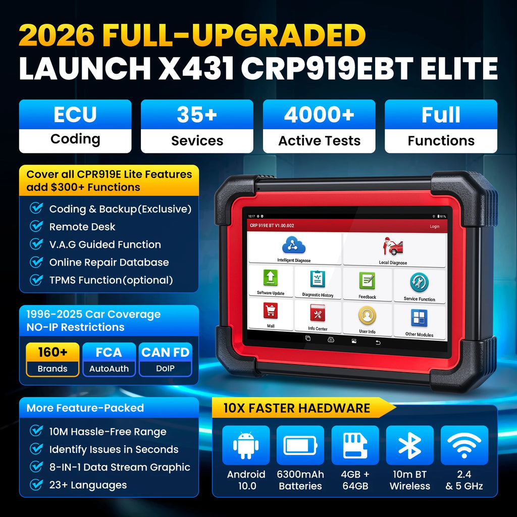 LAUNCH X431 CRP919E BT Car Diagnostic Tools CAN FD DOIP ALL Systems ECU Coding Bi-directional 35 Resets DBScar VII Auto Scanner