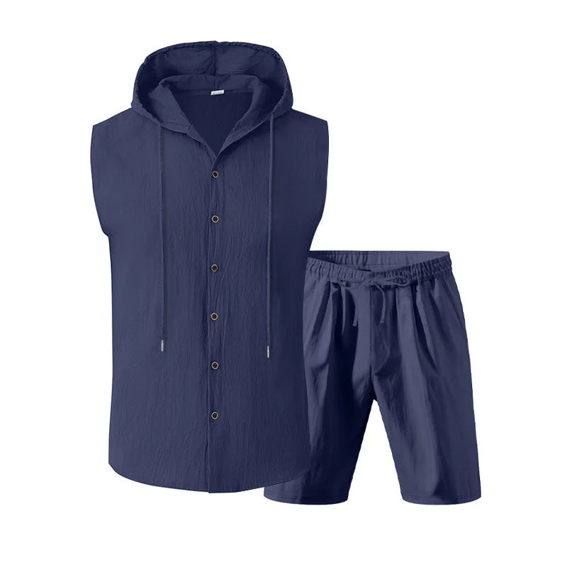 Men's Linen Sleeveless Hooded Shirt and Shorts Set
