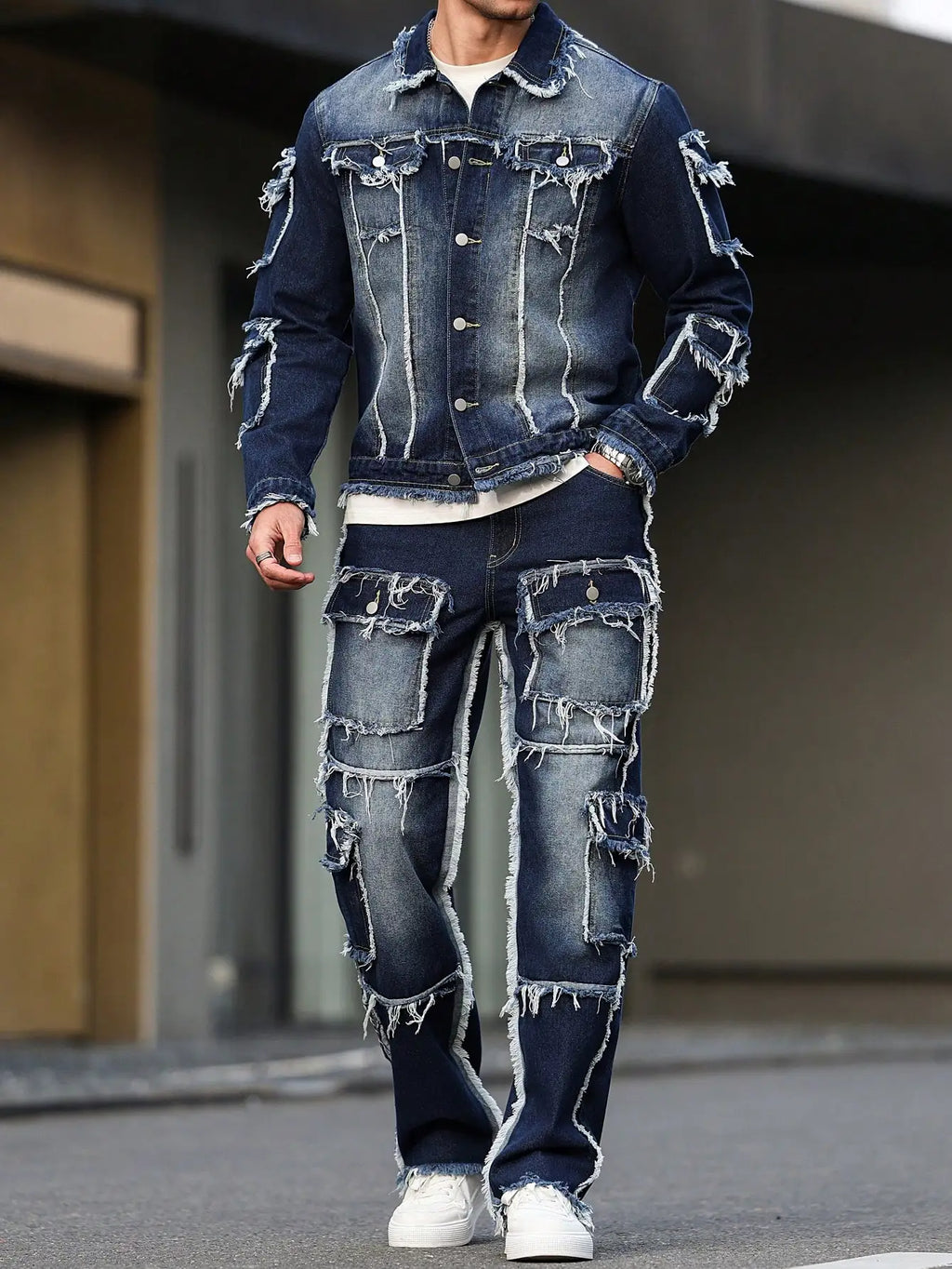 Men's denim suit, multi - pocket design, wide straight - leg pants style