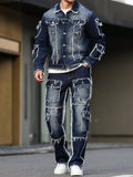 Men's denim suit, multi - pocket design, wide straight - leg pants style