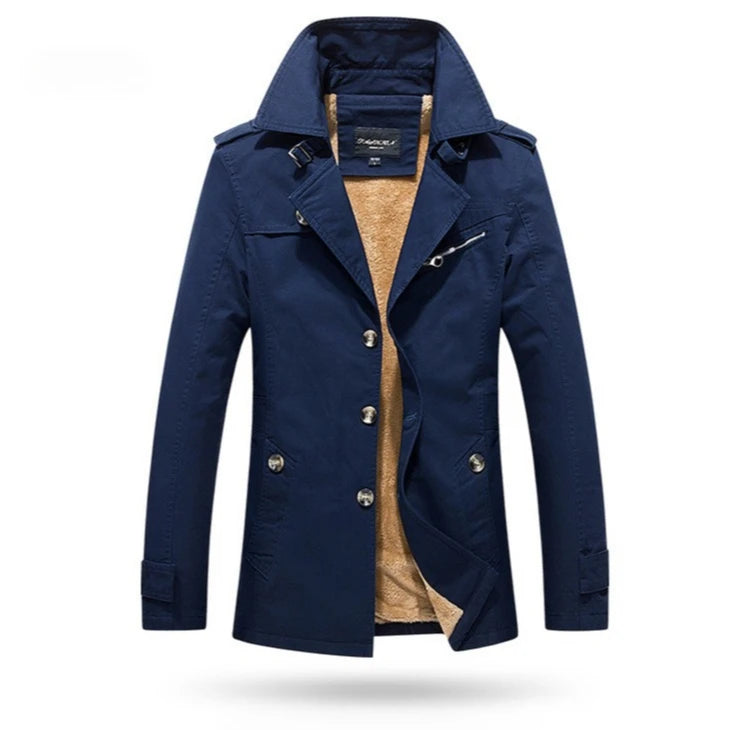 Men's Khaki Long-Sleeve Fleece-Lined Jacket, New Winter Style Collared Warm Coat,
