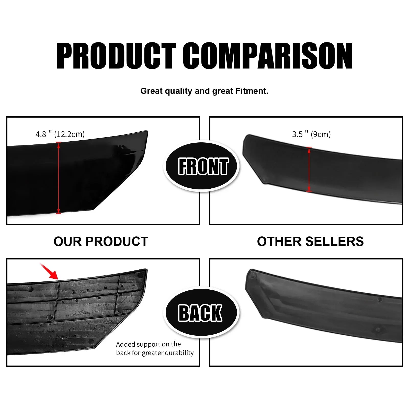 Universal ABS Front Bumper Lip Chin Spoiler Splitter With 8"-11" Adjustable Support Rod