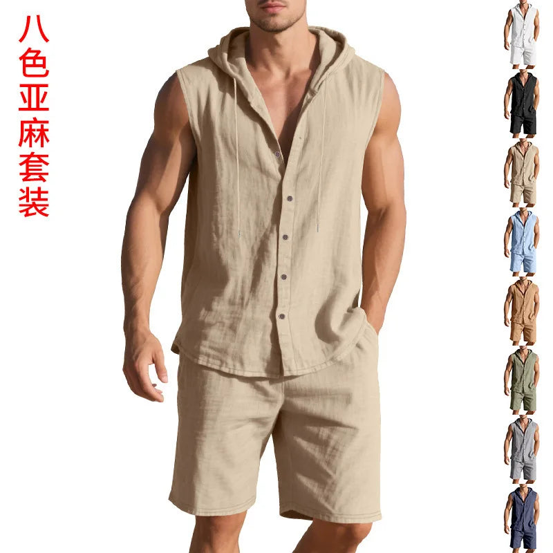 Men's Linen Sleeveless Hooded Shirt and Shorts Set