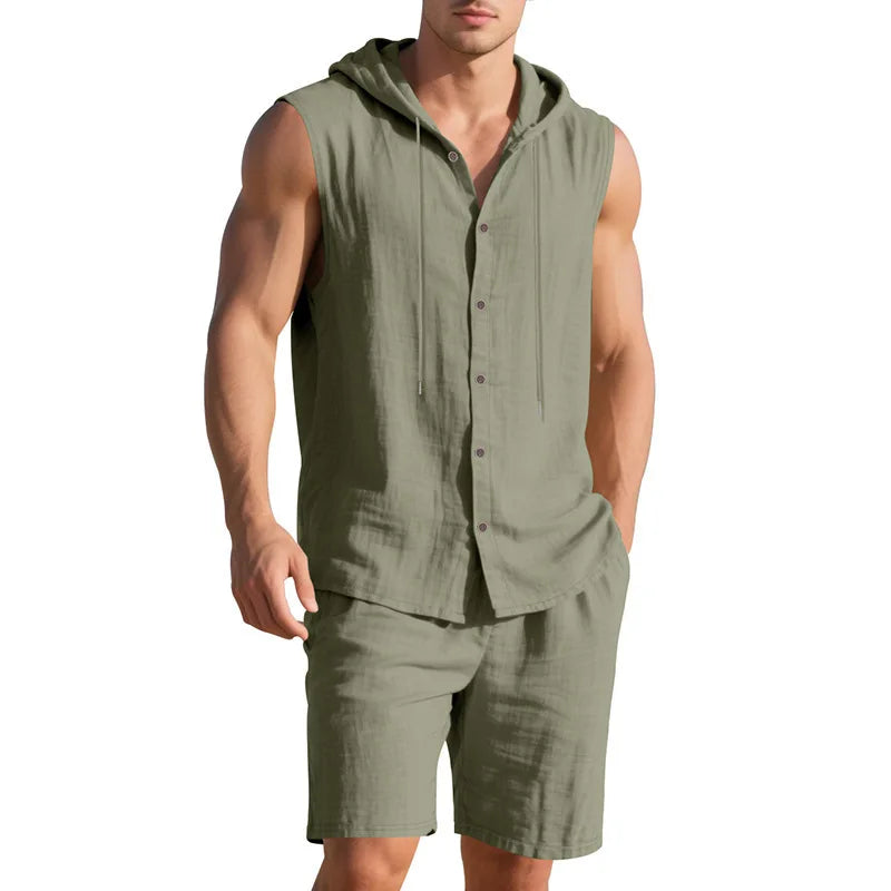 Men's Linen Sleeveless Hooded Shirt and Shorts Set