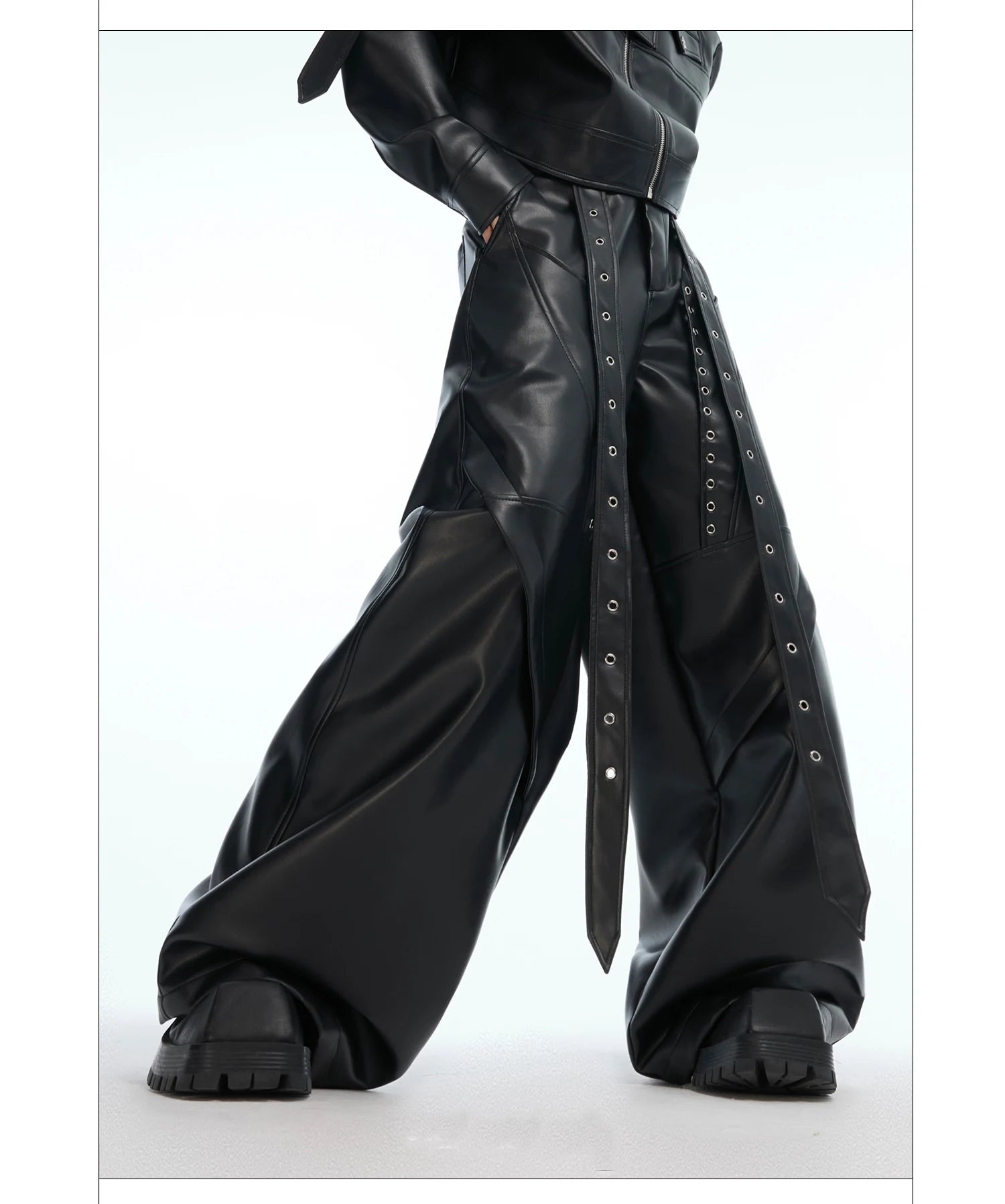 Mauroicardi Spring Autumn Cool Long Baggy Black Soft Pu Leather Wide Leg Pants Men