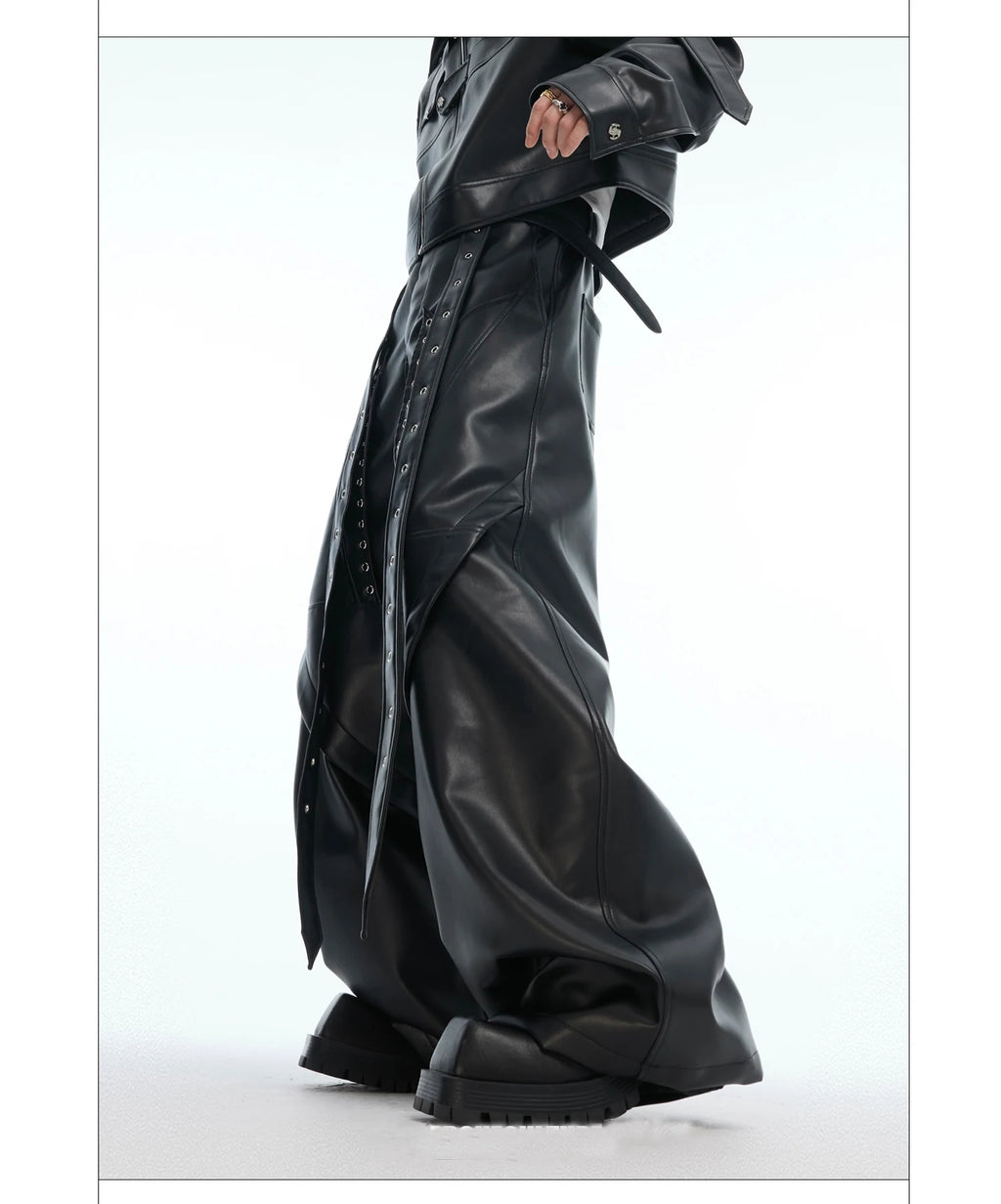 Mauroicardi Spring Autumn Cool Long Baggy Black Soft Pu Leather Wide Leg Pants Men