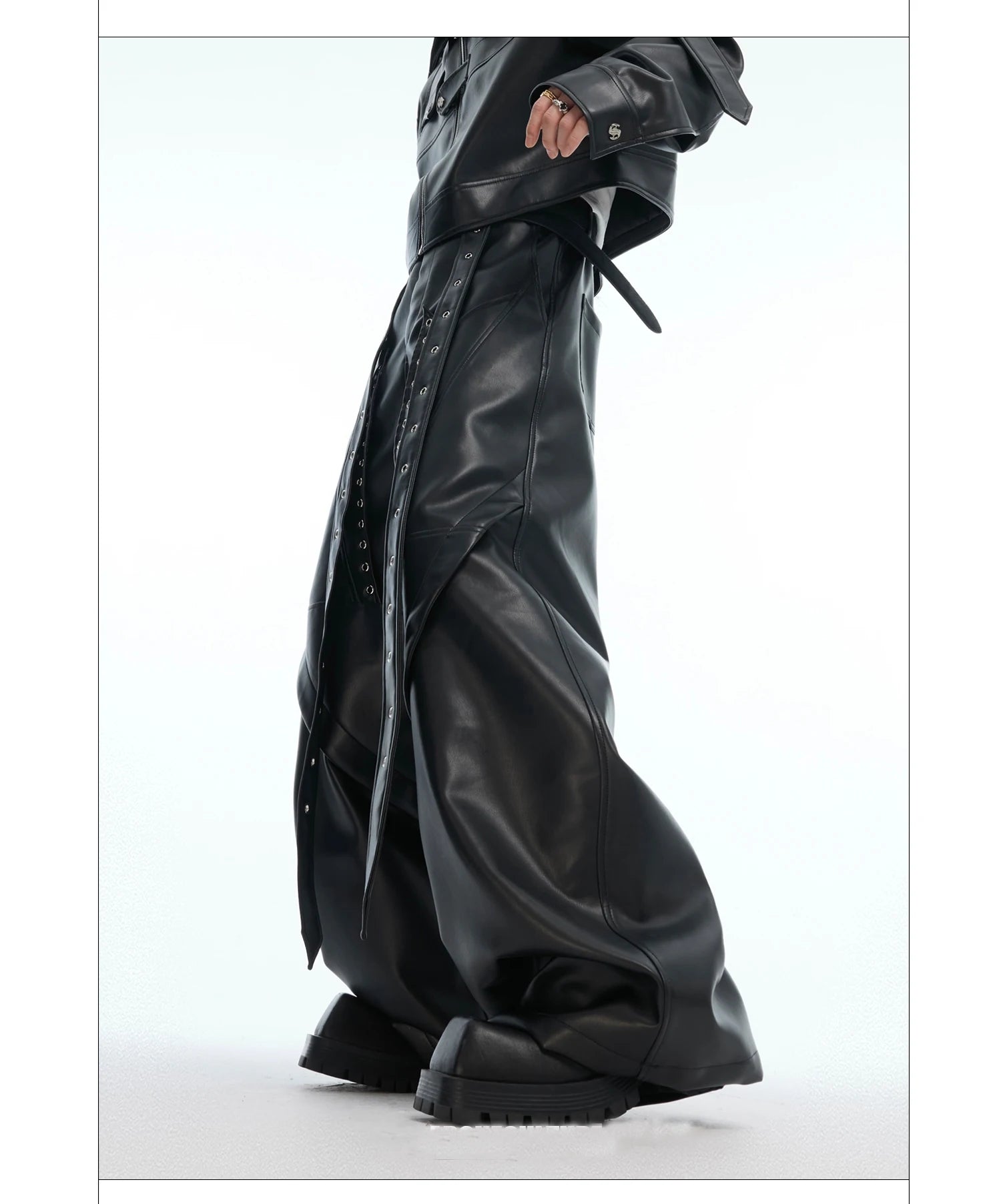 Mauroicardi Spring Autumn Cool Long Baggy Black Soft Pu Leather Wide Leg Pants Men
