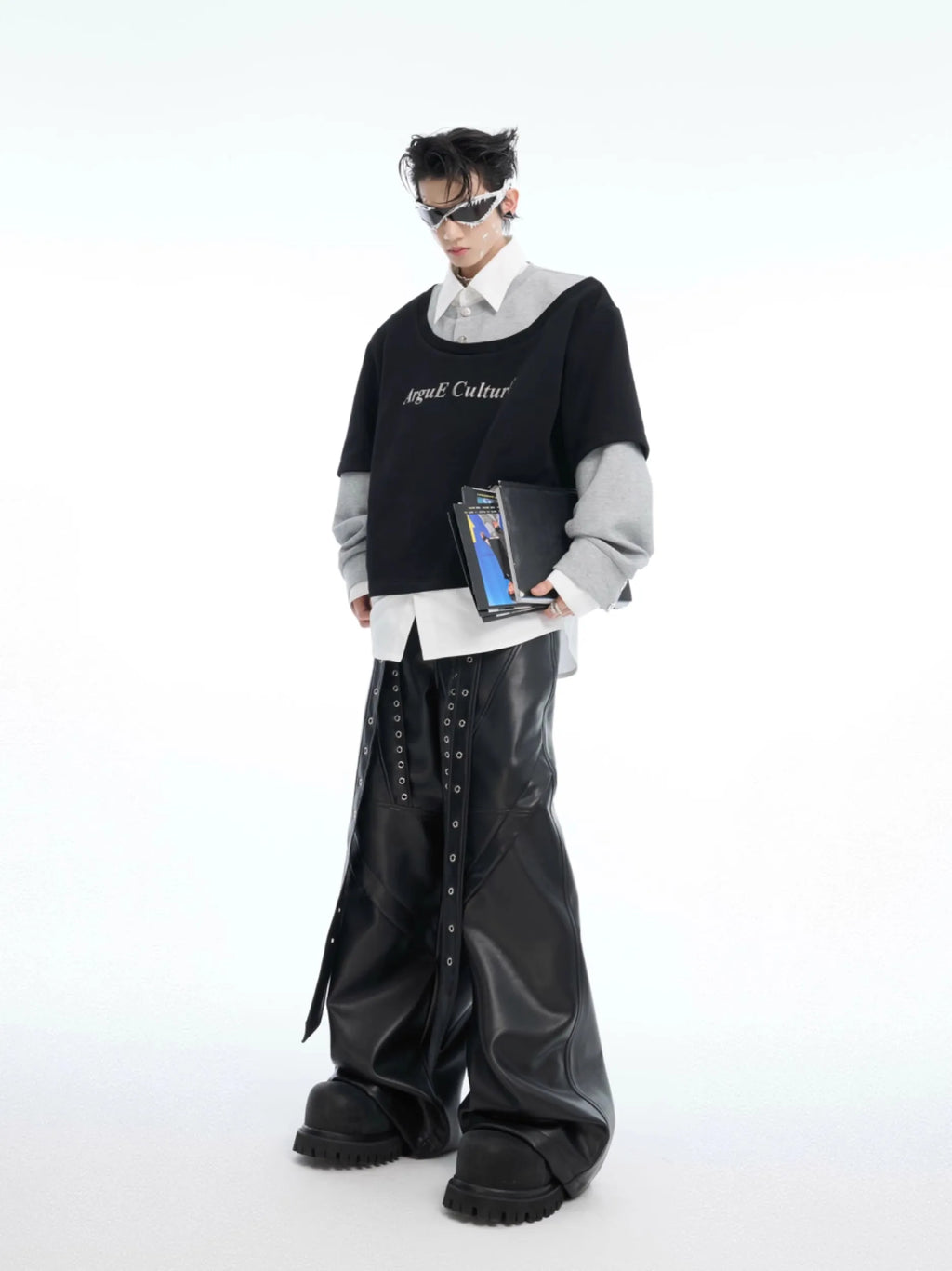 Mauroicardi Spring Autumn Cool Long Baggy Black Soft Pu Leather Wide Leg Pants Men