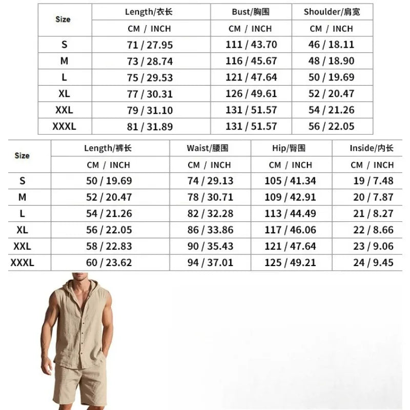 Men's Linen Sleeveless Hooded Shirt and Shorts Set