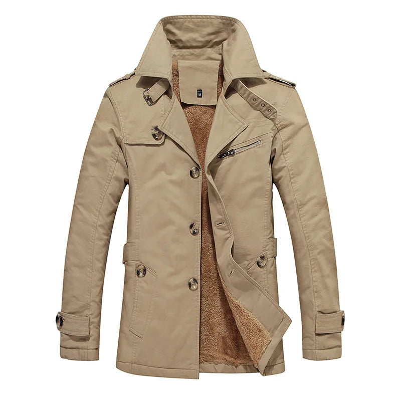 Men's Khaki Long-Sleeve Fleece-Lined Jacket, New Winter Style Collared Warm Coat,