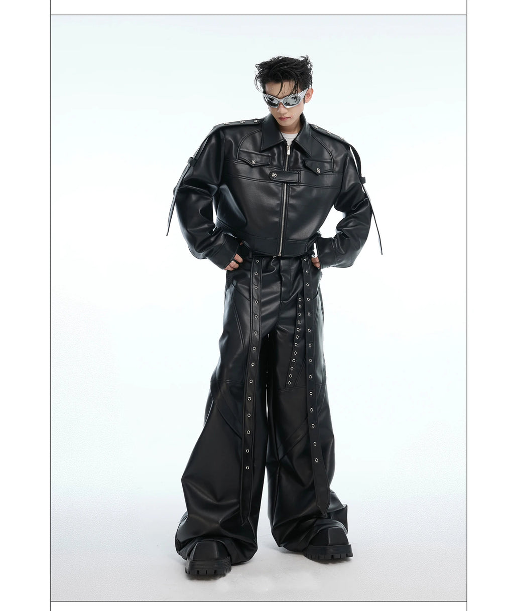Mauroicardi Spring Autumn Cool Long Baggy Black Soft Pu Leather Wide Leg Pants Men
