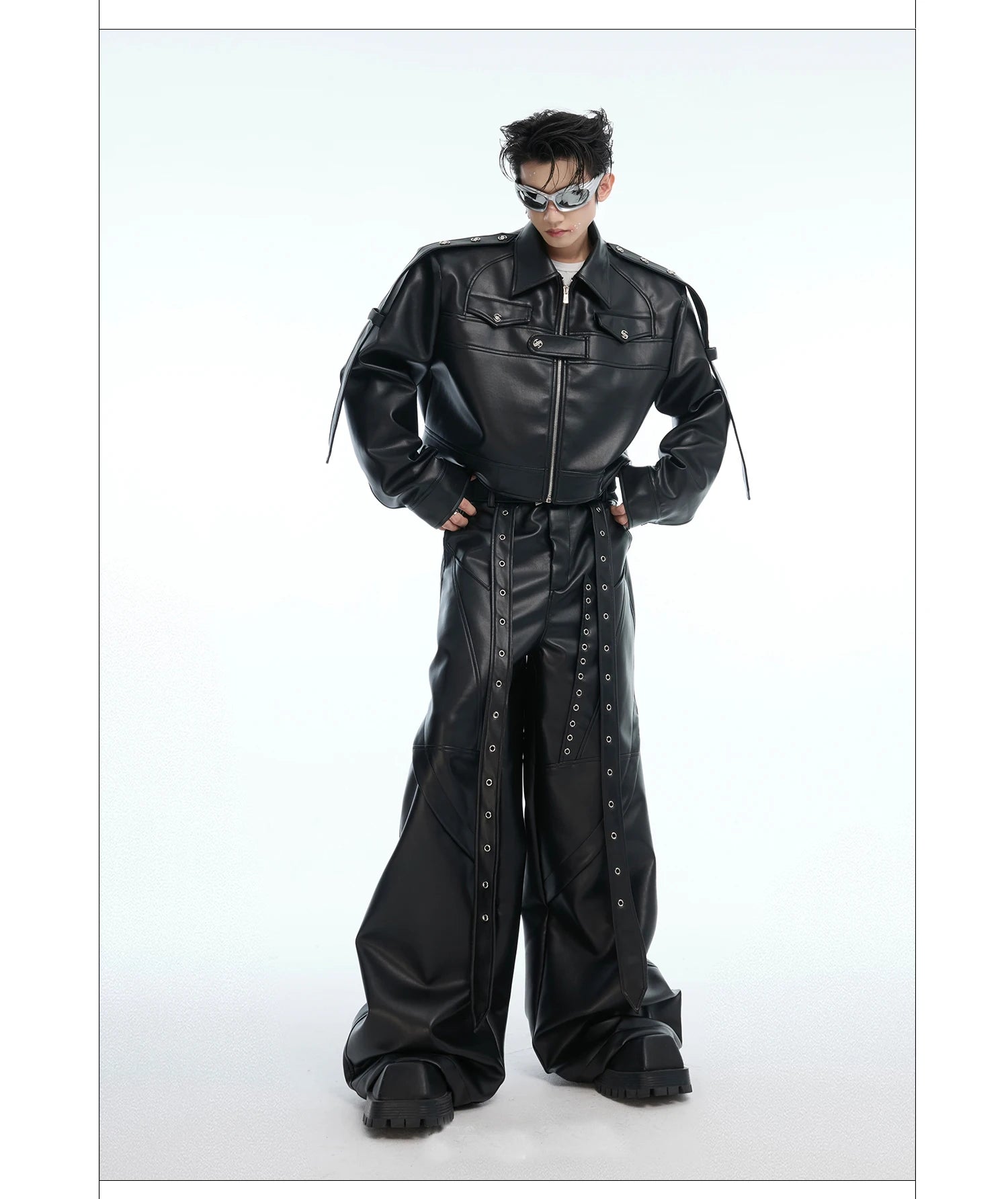 Mauroicardi Spring Autumn Cool Long Baggy Black Soft Pu Leather Wide Leg Pants Men