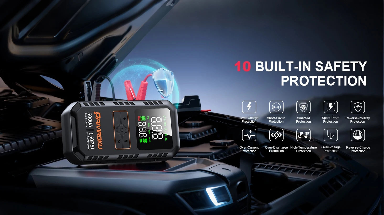 PAIVIROKU 4-IN-1 Car Jump Starter with Air Compressor 5000APeak Auto Battery Booster 150PSI Air Pump Power Bank Tire Inflator