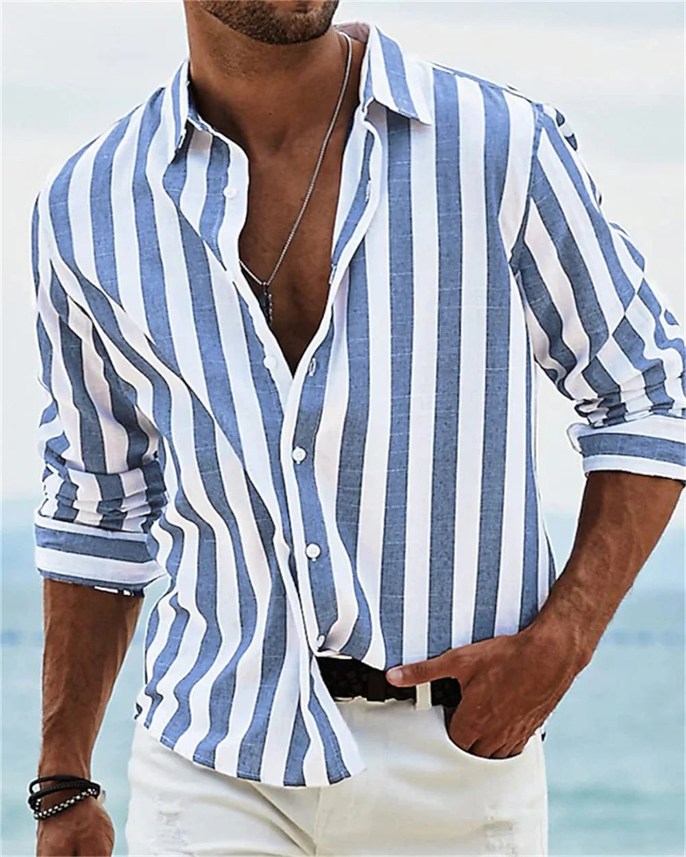 2024 New Men's Long sleeved Blue Stripe Printed Shirt