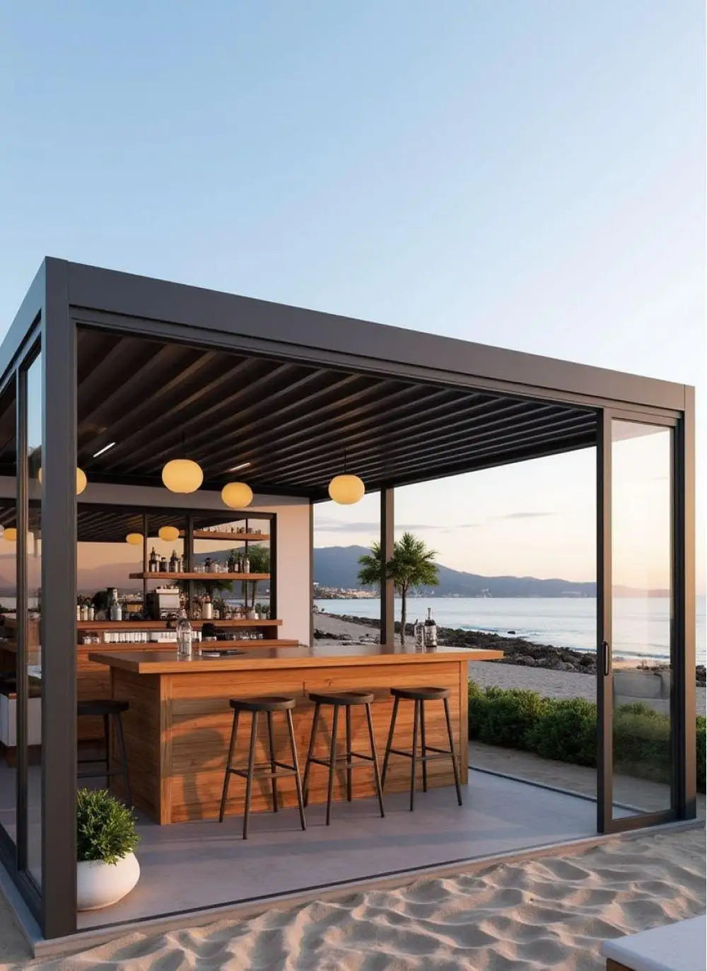 Motorized Pergola Aluminum Bioclimatic Gazebo with LED Lights Louvered Roof with Glass Sliding Doors Patio Gazebos Pergolas