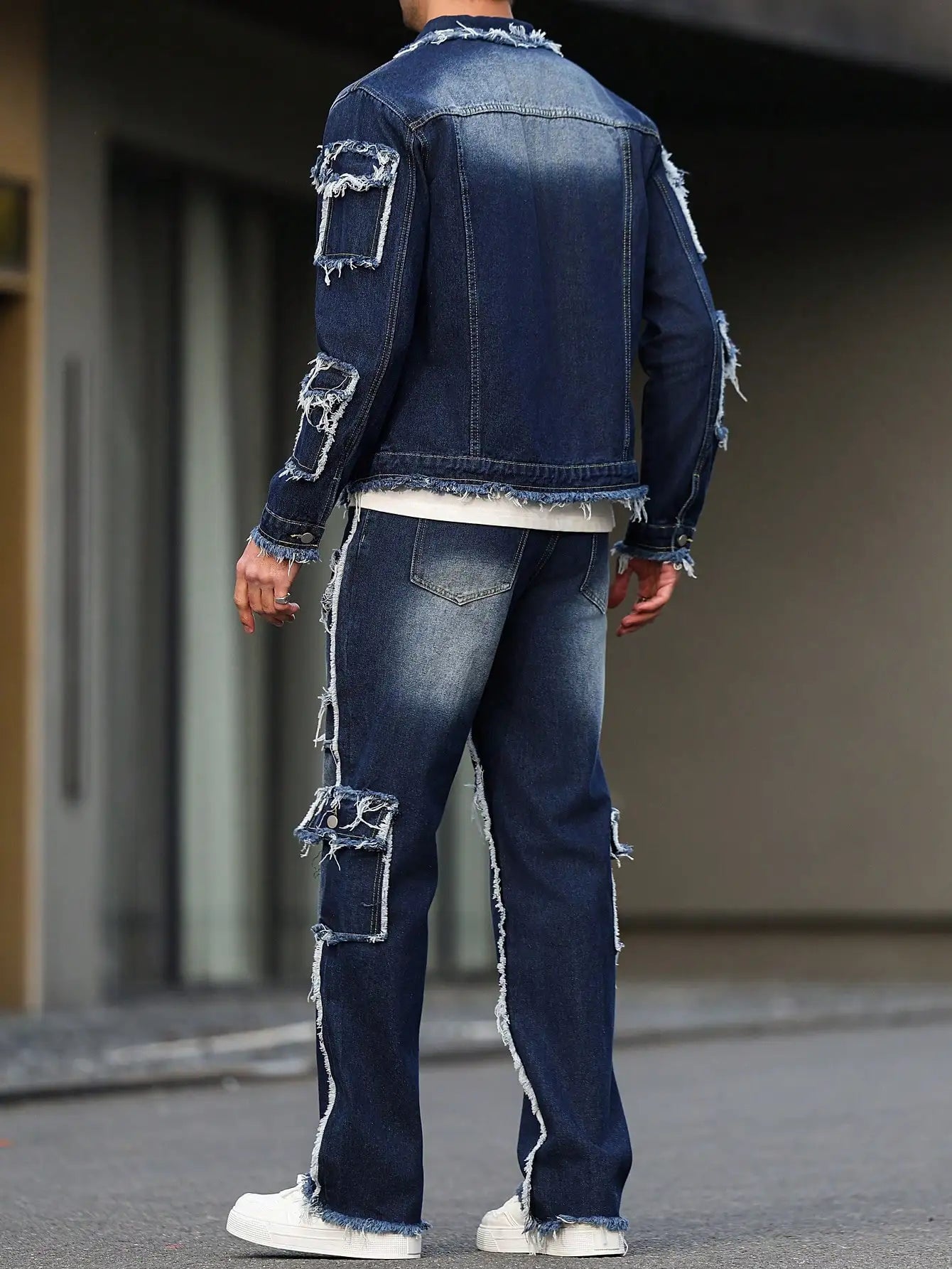 Men's denim suit, multi - pocket design, wide straight - leg pants style