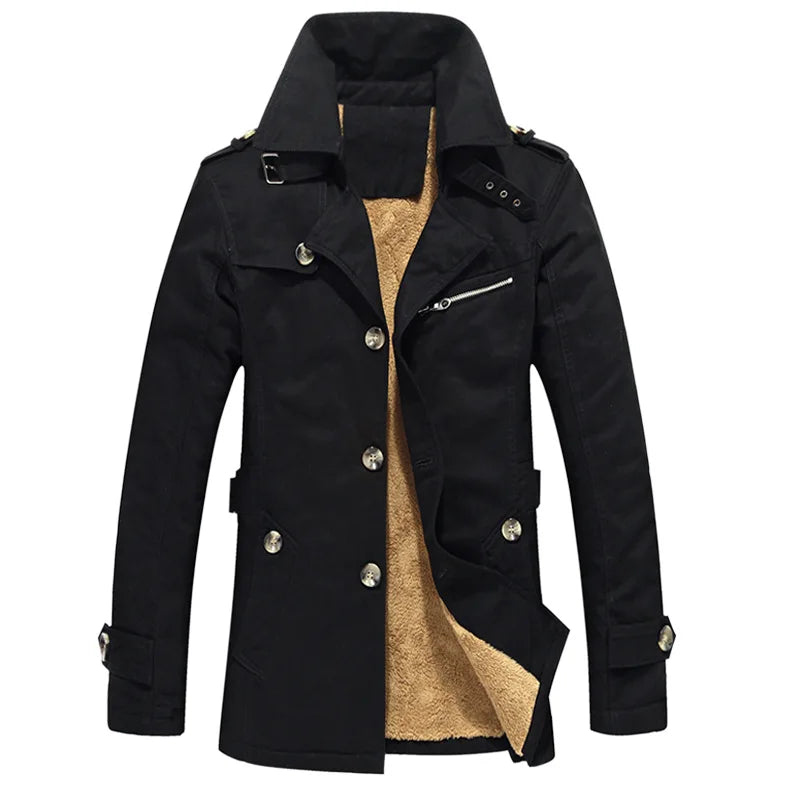 Men's Khaki Long-Sleeve Fleece-Lined Jacket, New Winter Style Collared Warm Coat,