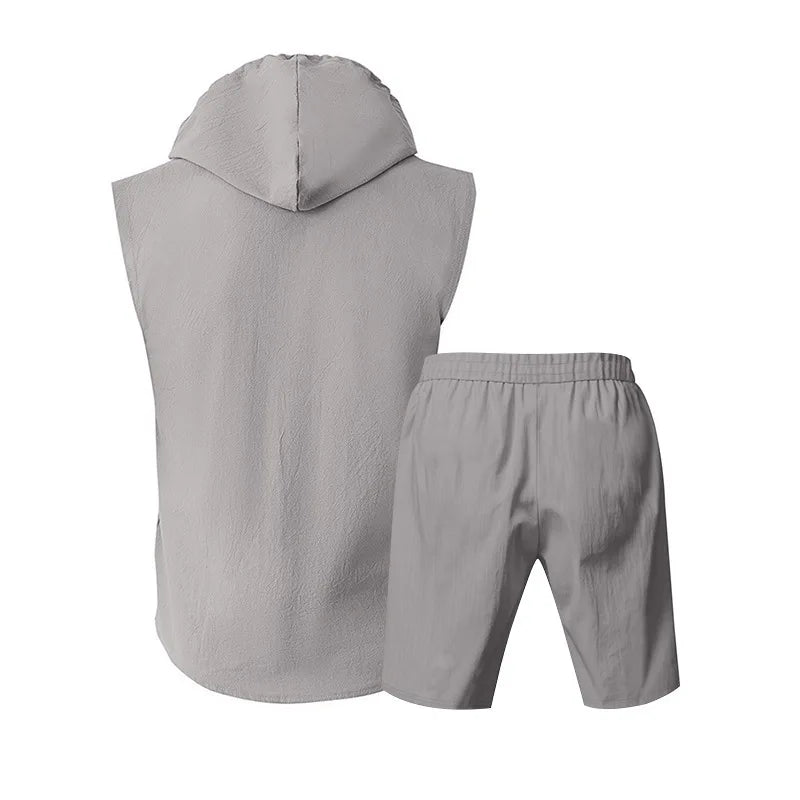 Men's Linen Sleeveless Hooded Shirt and Shorts Set