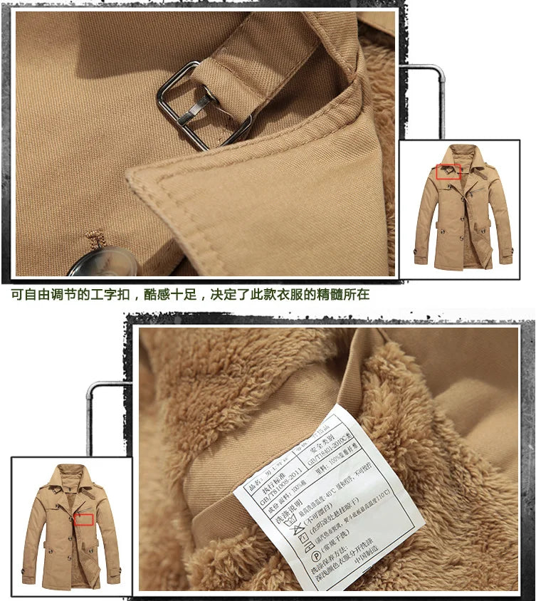 Men's Khaki Long-Sleeve Fleece-Lined Jacket, New Winter Style Collared Warm Coat,
