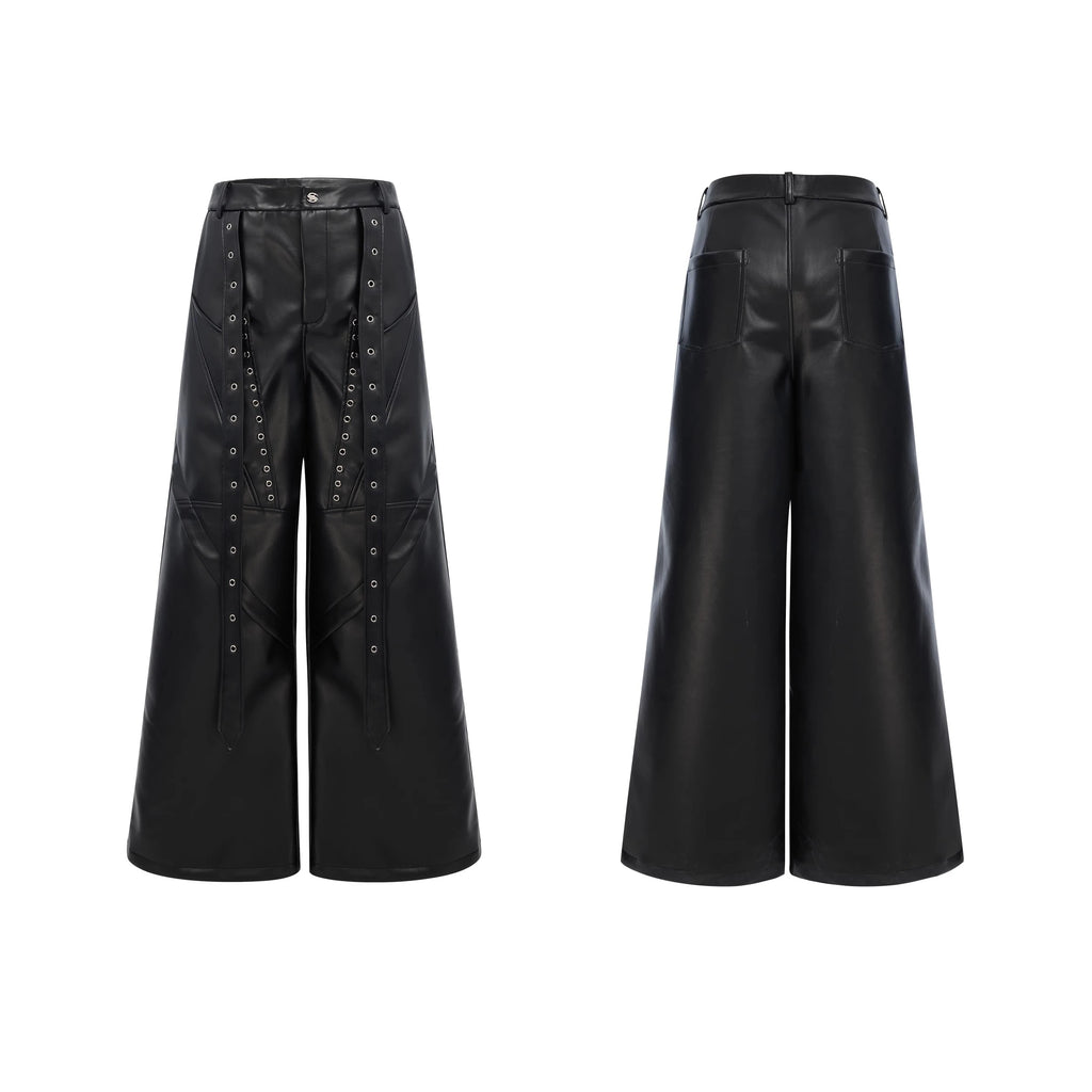 Mauroicardi Spring Autumn Cool Long Baggy Black Soft Pu Leather Wide Leg Pants Men