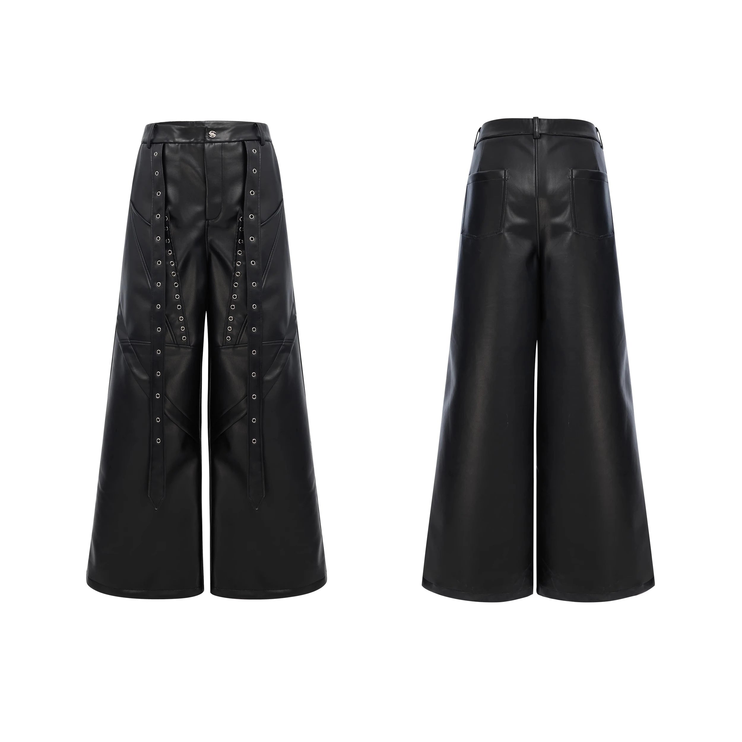 Mauroicardi Spring Autumn Cool Long Baggy Black Soft Pu Leather Wide Leg Pants Men