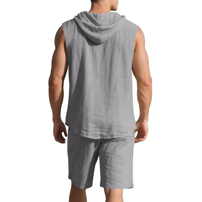 Men's Linen Sleeveless Hooded Shirt and Shorts Set
