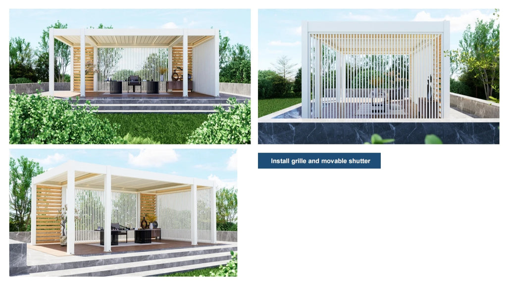 Motorized Pergola Aluminum Bioclimatic Gazebo with LED Lights Louvered Roof with Glass Sliding Doors Patio Gazebos Pergolas