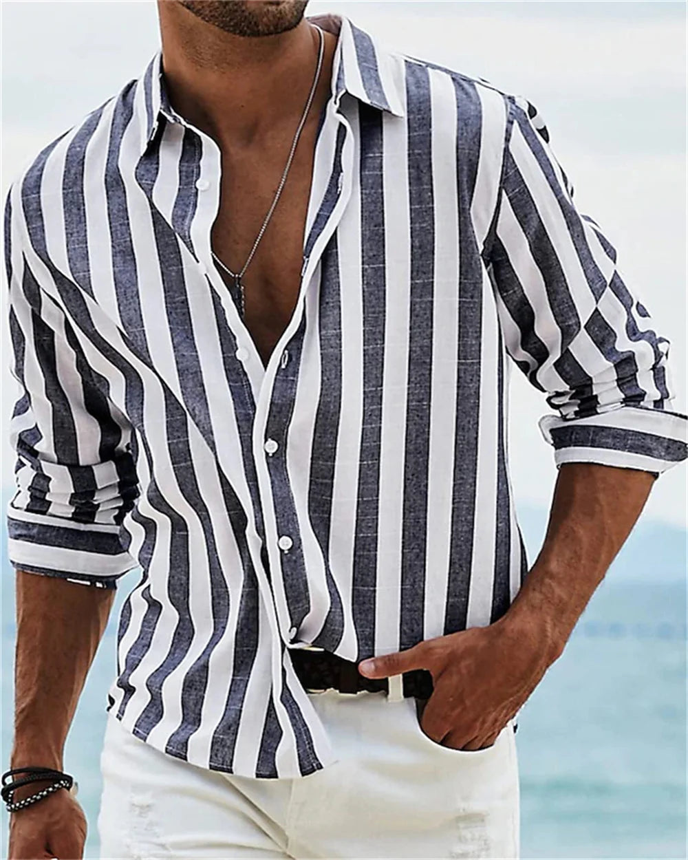 2024 New Men's Long sleeved Blue Stripe Printed Shirt