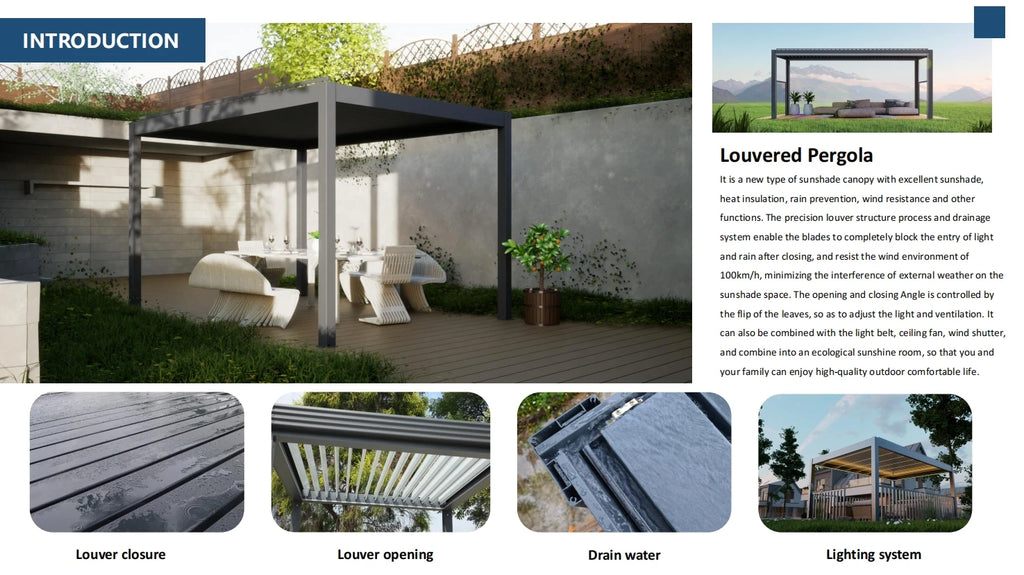 Motorized Pergola Aluminum Bioclimatic Gazebo with LED Lights Louvered Roof with Glass Sliding Doors Patio Gazebos Pergolas