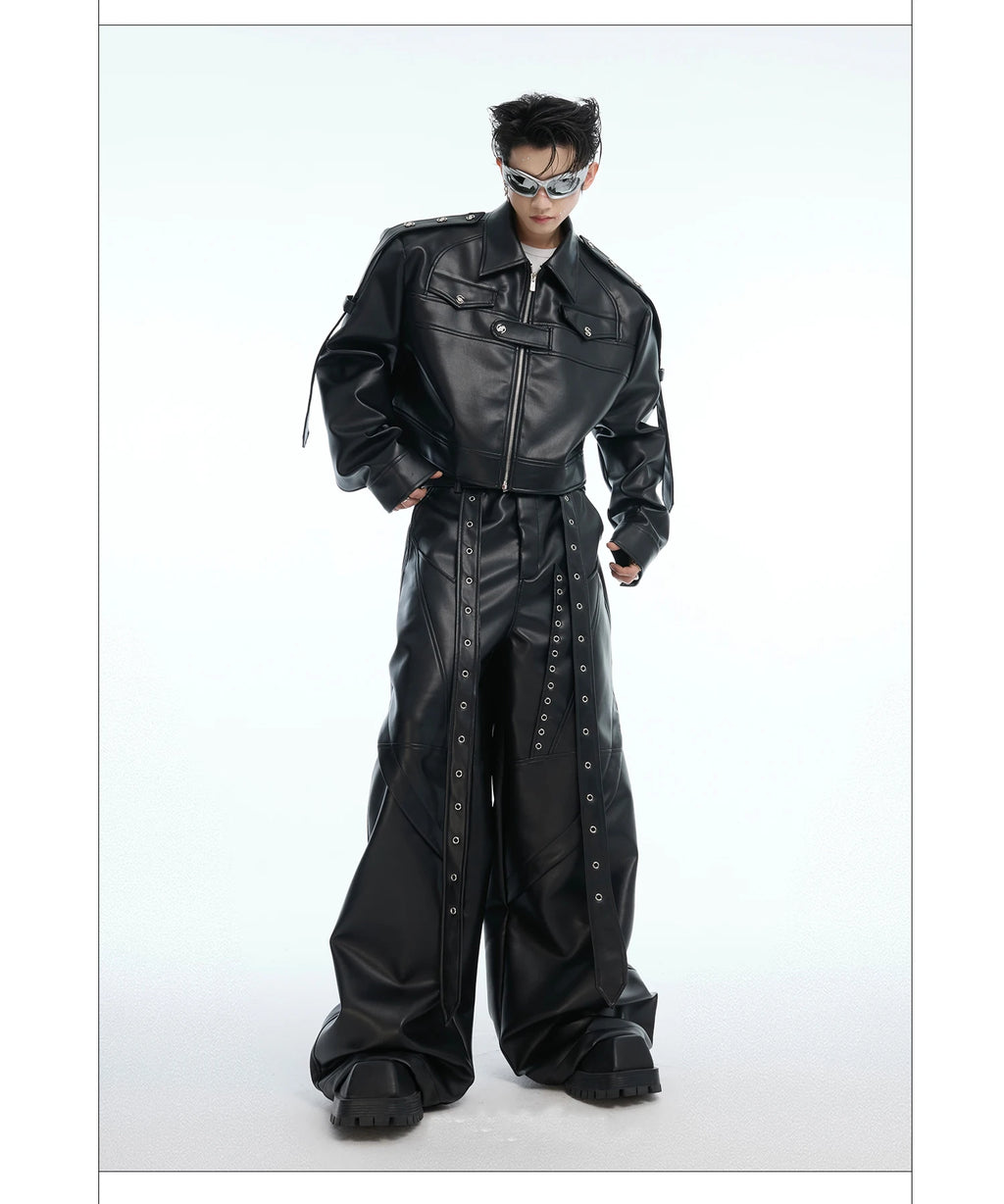 Mauroicardi Spring Autumn Cool Long Baggy Black Soft Pu Leather Wide Leg Pants Men