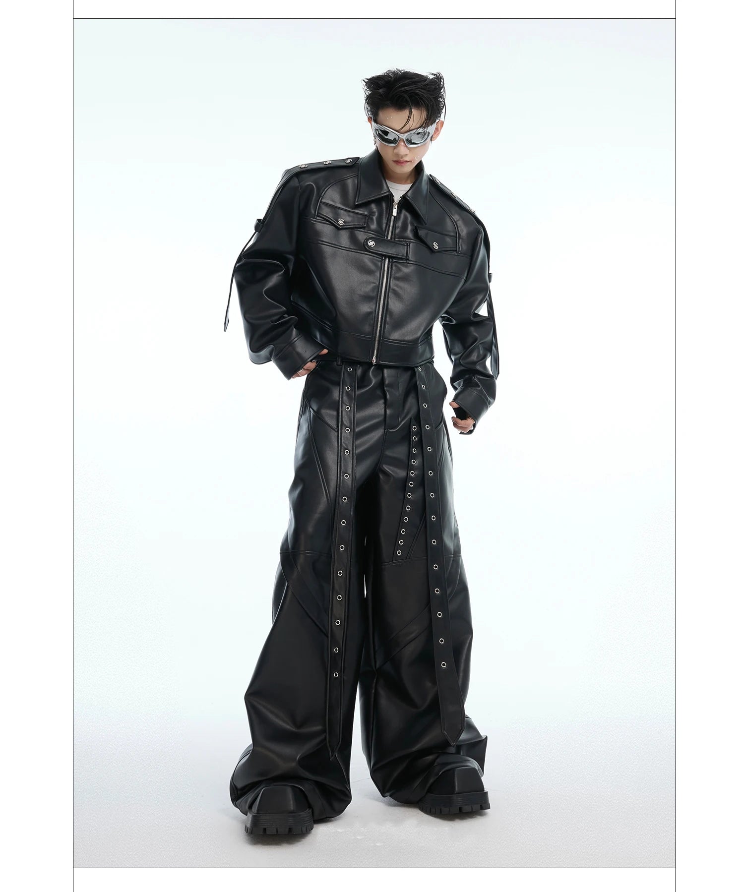 Mauroicardi Spring Autumn Cool Long Baggy Black Soft Pu Leather Wide Leg Pants Men