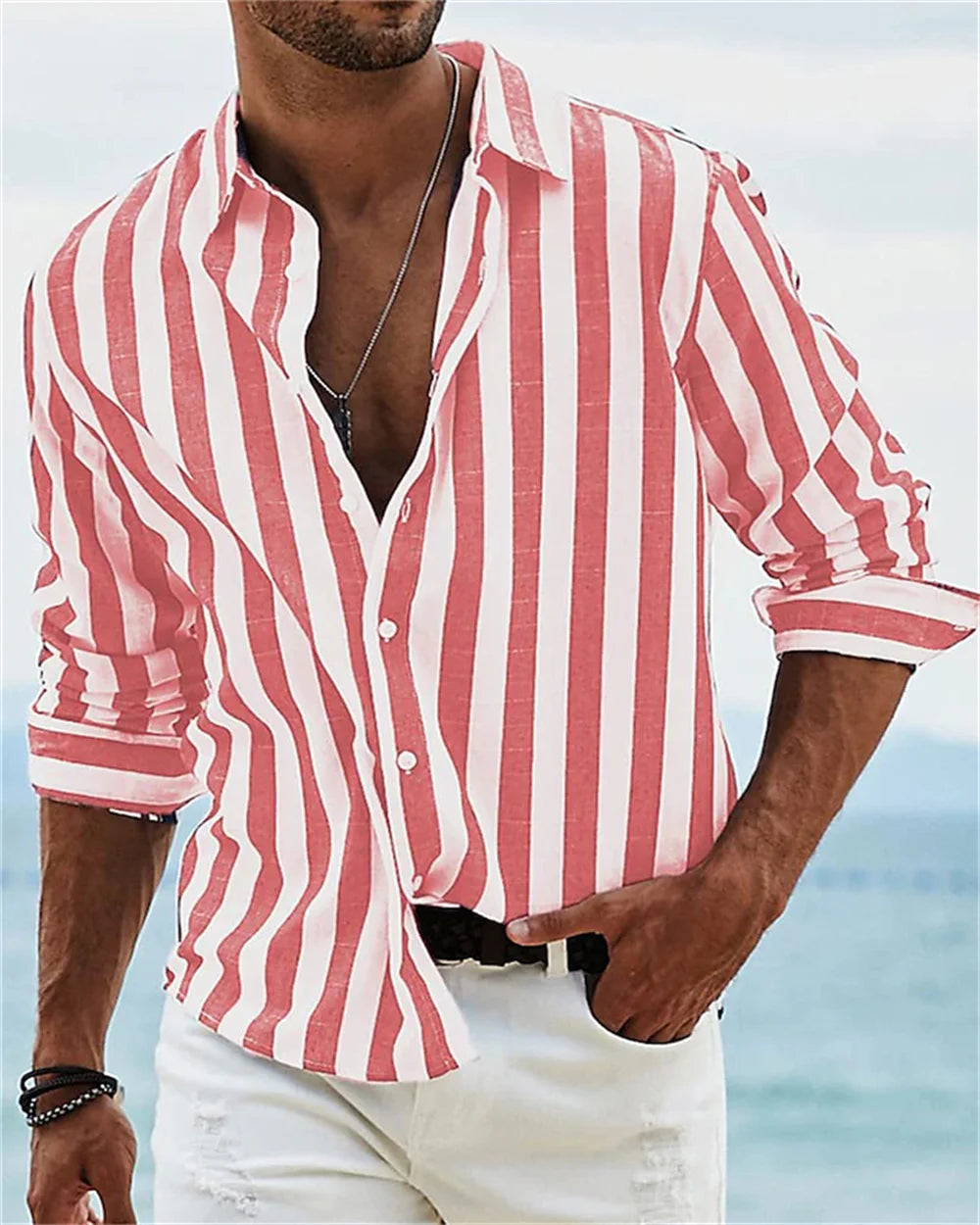 2024 New Men's Long sleeved Blue Stripe Printed Shirt
