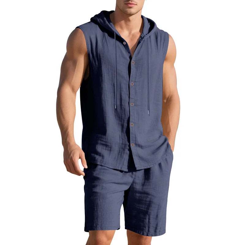 Men's Linen Sleeveless Hooded Shirt and Shorts Set
