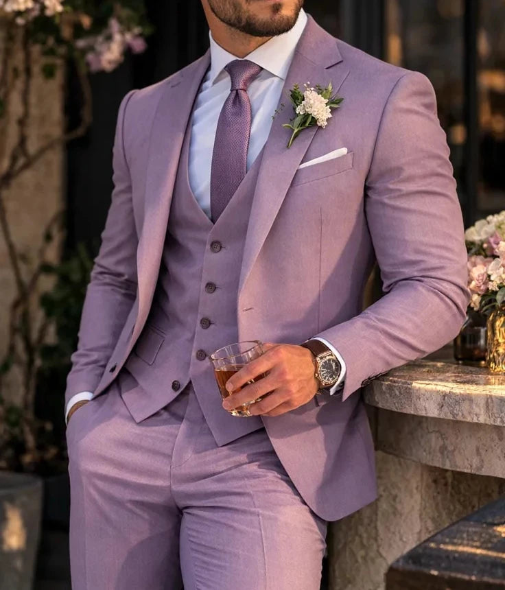 Men Light Lilac 3 Piece Slim Fit Suit Blazer Vest Trousers Summer Wedding Groom Prom Formal Party Outfit