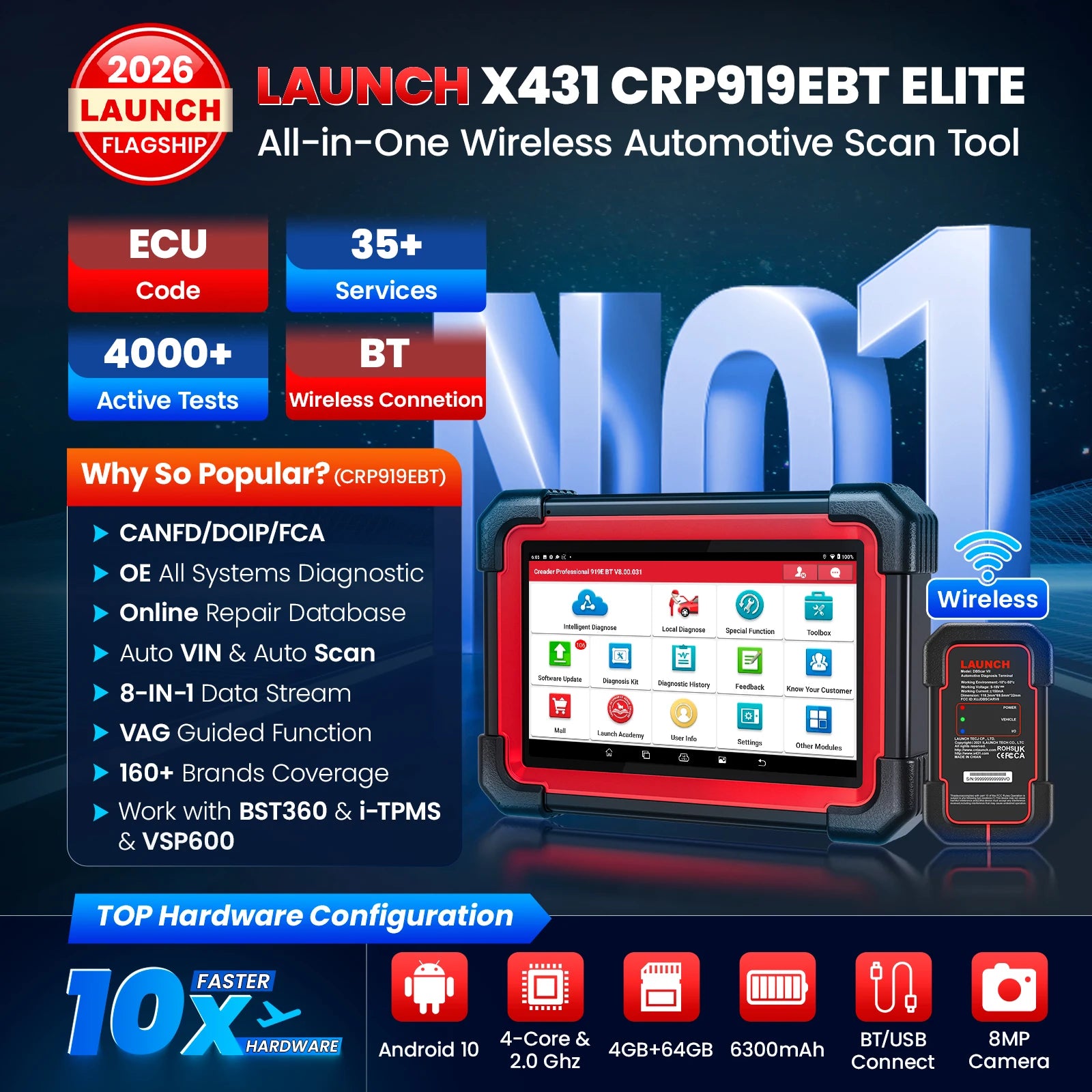 LAUNCH X431 CRP919E BT Car Diagnostic Tools CAN FD DOIP ALL Systems ECU Coding Bi-directional 35 Resets DBScar VII Auto Scanner