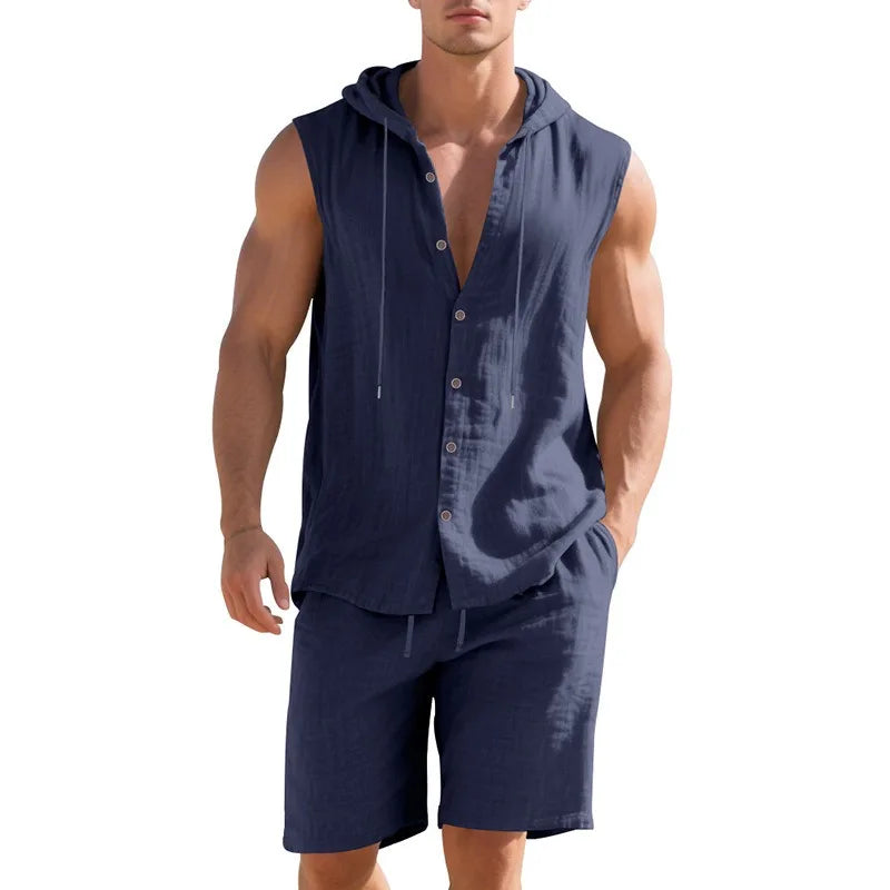 Men's Linen Sleeveless Hooded Shirt and Shorts Set