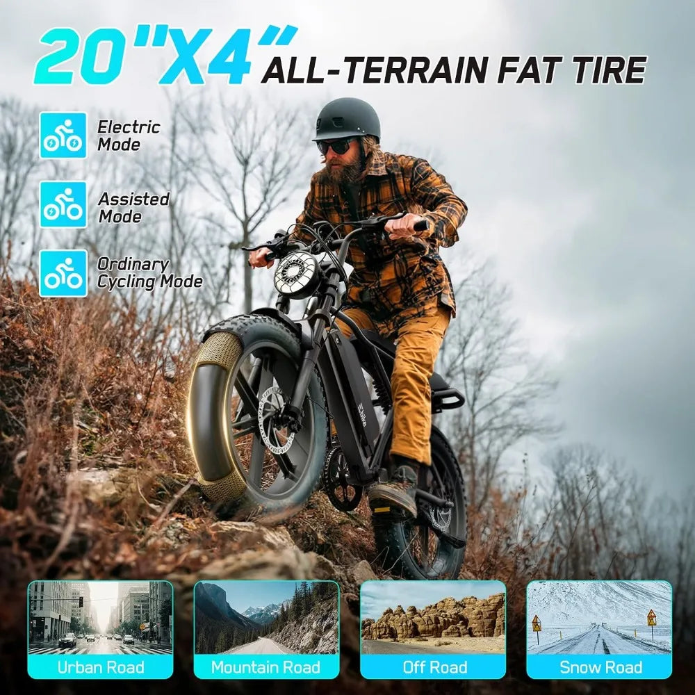 Full Suspension 1500W Peak Motor Fat Tire Electric Bike for Adults 60 Miles 48V 15Ah Removable Battery 7-Speed 20 Inch