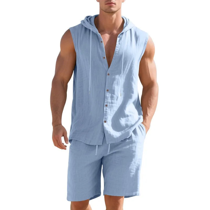Men's Linen Sleeveless Hooded Shirt and Shorts Set