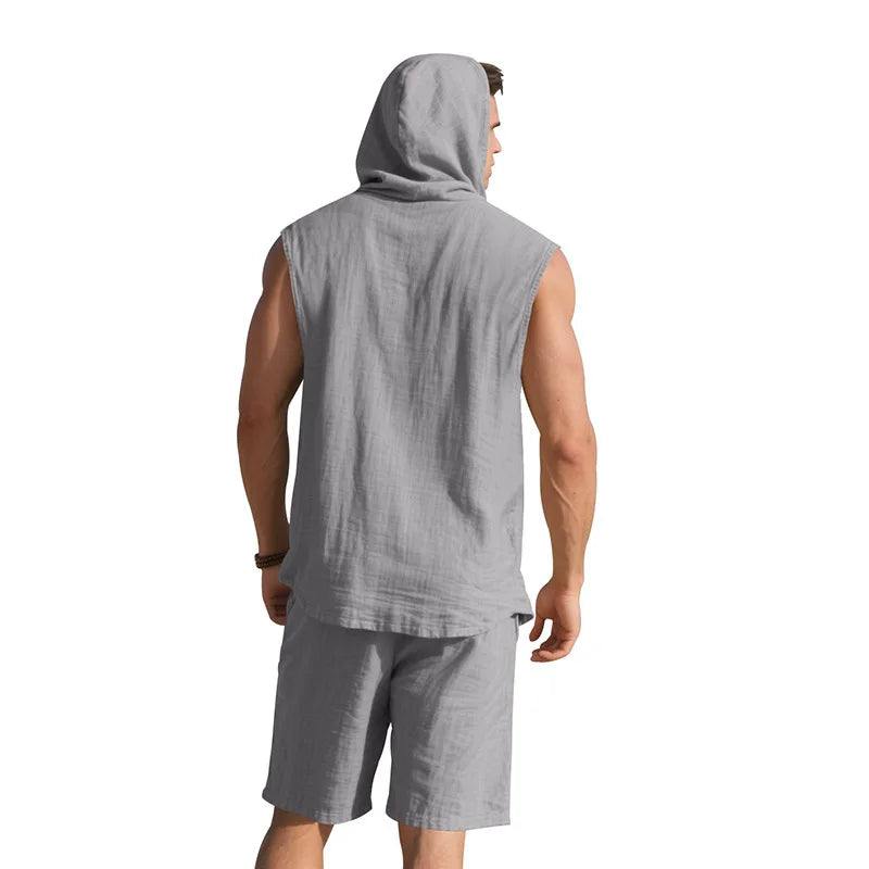 Men's Linen Sleeveless Hooded Shirt and Shorts Set