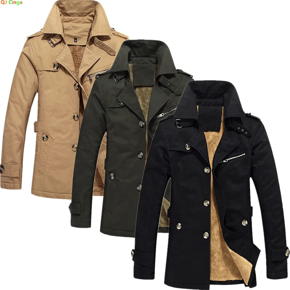 Men's Khaki Long-Sleeve Fleece-Lined Jacket, New Winter Style Collared Warm Coat,