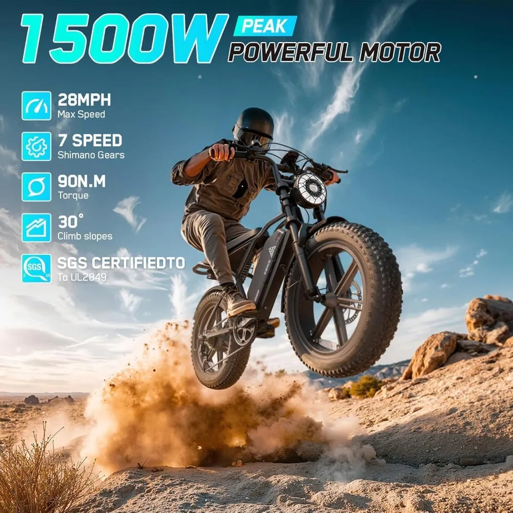 Full Suspension 1500W Peak Motor Fat Tire Electric Bike for Adults 60 Miles 48V 15Ah Removable Battery 7-Speed 20 Inch