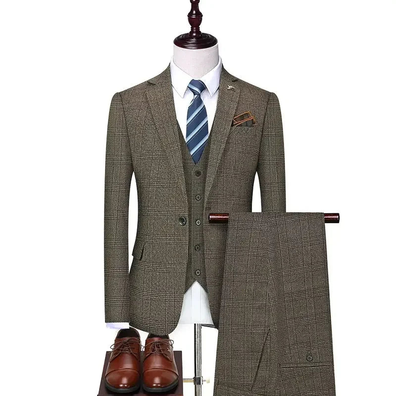 Linen Suit (Blazer+ Vest+Pants) Men's Fashion Hosts British Style