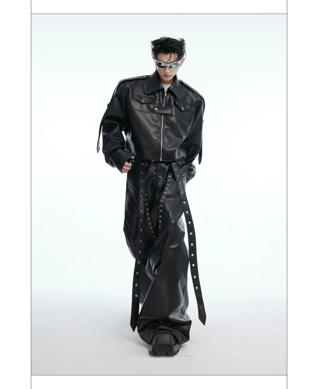 Mauroicardi Spring Autumn Cool Long Baggy Black Soft Pu Leather Wide Leg Pants Men