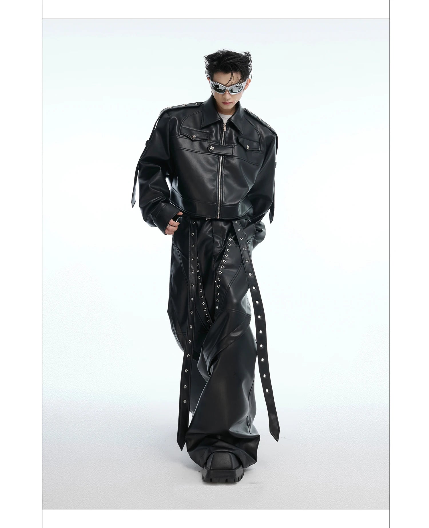 Mauroicardi Spring Autumn Cool Long Baggy Black Soft Pu Leather Wide Leg Pants Men