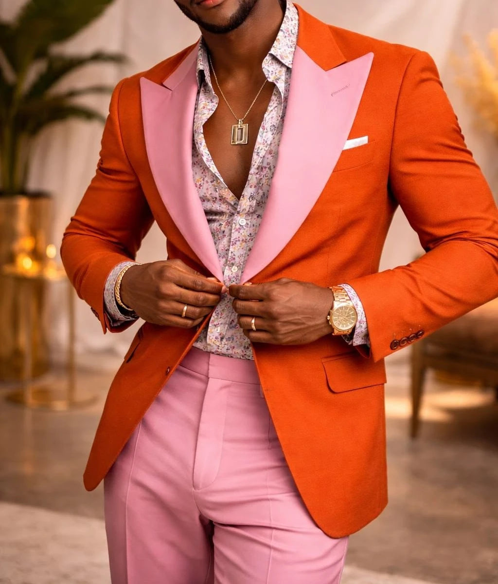 Slim Fit Contrast Orange Pink Men Wedding Suit 2 Pieces Peak Lapel Blazer Trousers Fashion Formal Groom Outfit