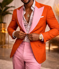 Slim Fit Contrast Orange Pink Men Wedding Suit 2 Pieces Peak Lapel Blazer Trousers Fashion Formal Groom Outfit
