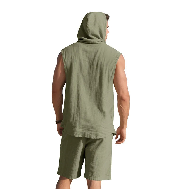 Men's Linen Sleeveless Hooded Shirt and Shorts Set