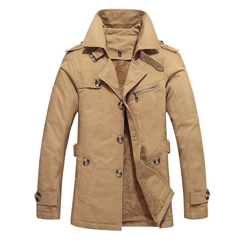 Men's Khaki Long-Sleeve Fleece-Lined Jacket, New Winter Style Collared Warm Coat,