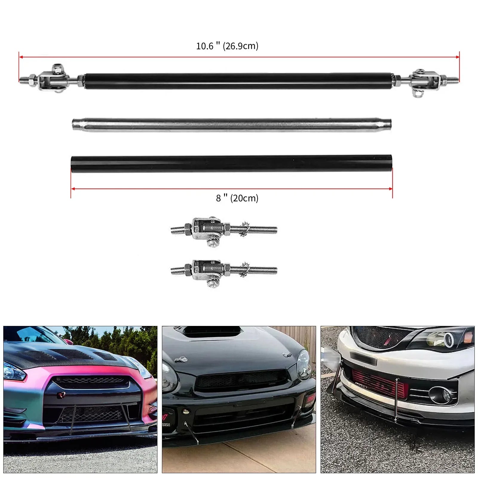 Universal ABS Front Bumper Lip Chin Spoiler Splitter With 8"-11" Adjustable Support Rod